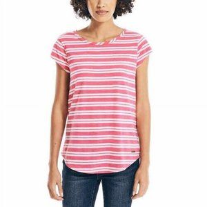 Nautica Pink & White Striped Short Sleeve Keyhole Back Shirt